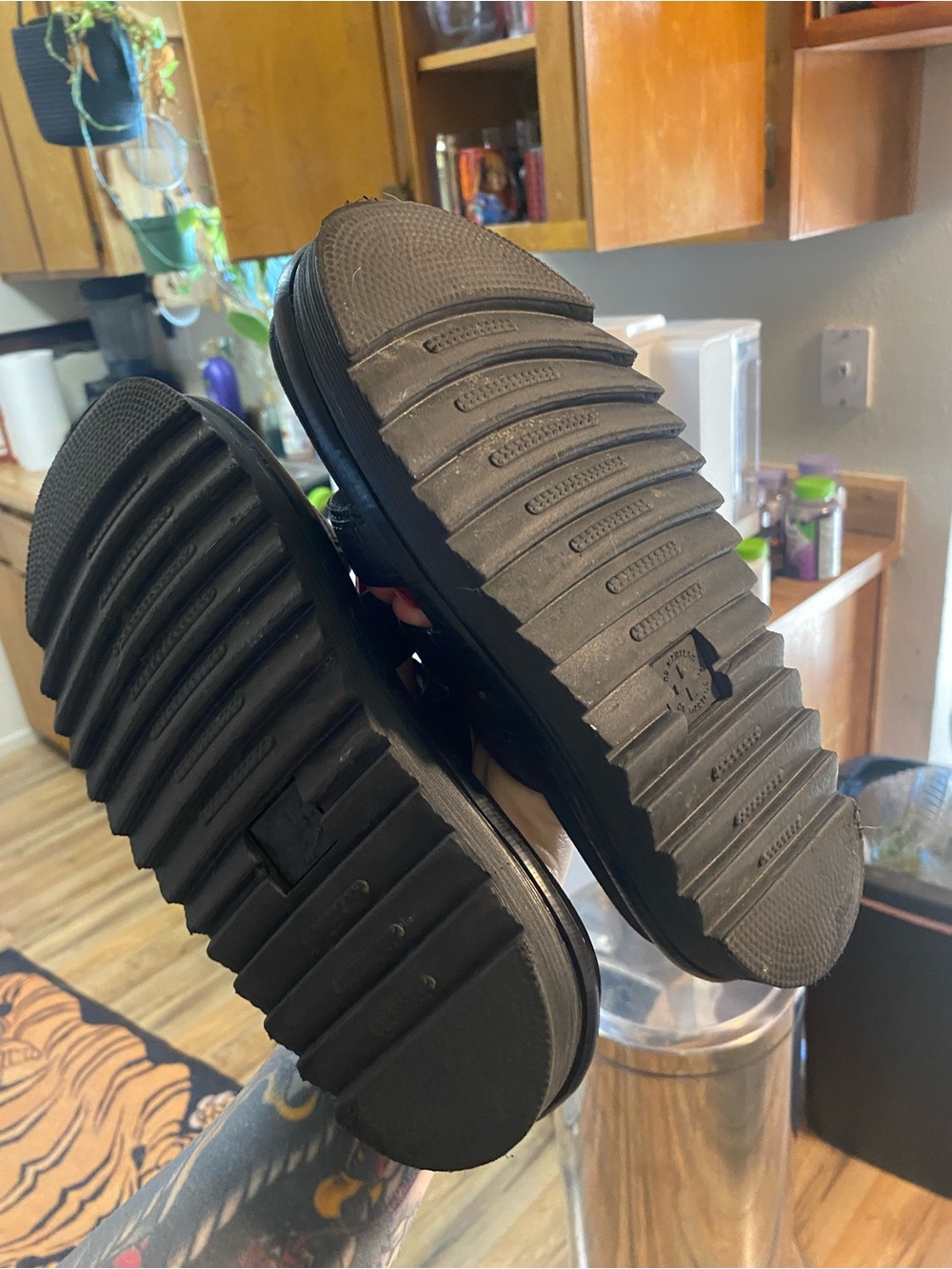 Dr. Martens Black Triple-Strap Slide Sandals with Yellow Stitching - Picture 2 of 3